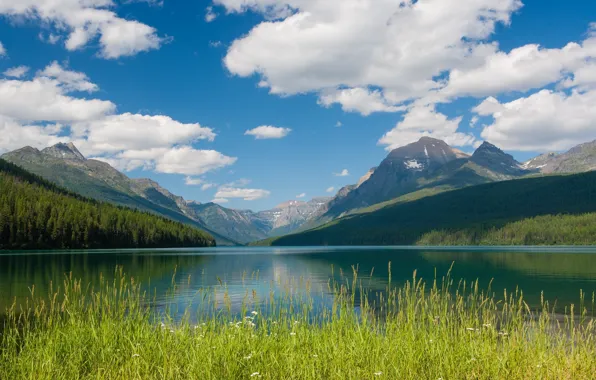 Облака, горы, озеро, Монтана, Glacier National Park, Montana, Национальный парк Глейшер, Bowman Lake