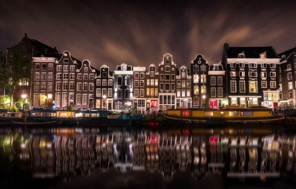 Ночь, город, огни, Амстердам, Нидерланды