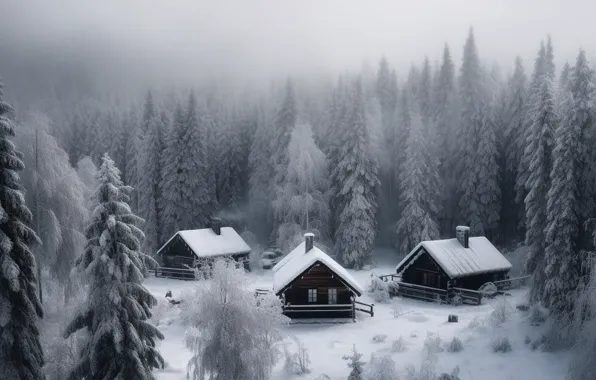 Зима, лес, снег, хижины, домики, домик, хижина, ИИ-арт