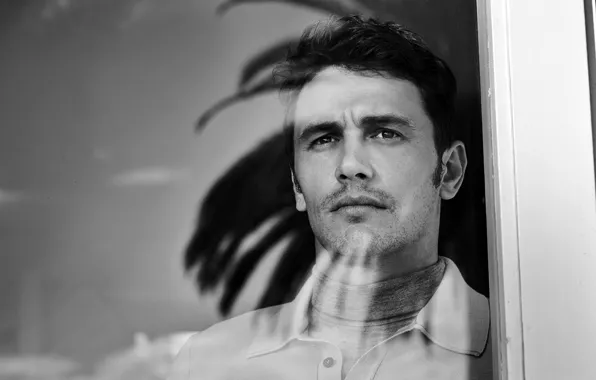 Картинка взгляд, стекло, лицо, окно, актер, черно-белое, мужчина, James Franco