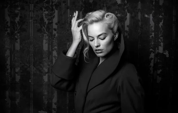 Черно-белая, актриса, блондинка, сигарета, красотка, blonde, роковая красотка, margot robbie
