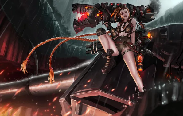 Девушка, металл, оружие, дым, арт, league of legends, jinx