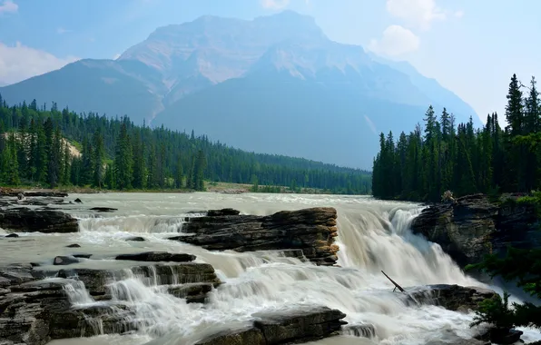 Лес, небо, горы, река, скалы, водопад