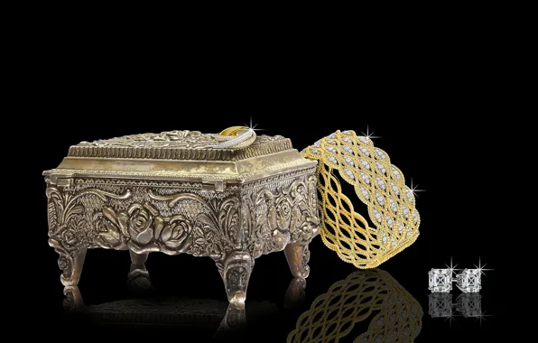 Золото, узор, блеск, кольцо, бриллианты, шкатулка, черный фон, gold