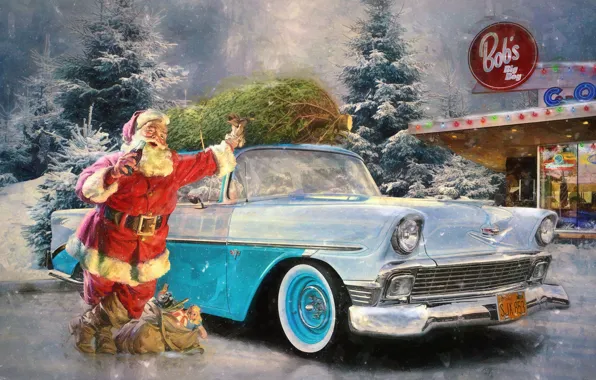 Картинка зима, снег, ретро, праздник, подарки, автомобиль, санта клаус, дед мороз