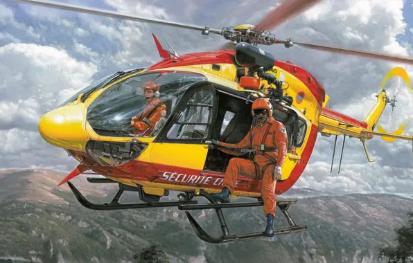 Art, helicopter, painting, aviation, Eurocopter EC 145 &ampquot;Sécurité civile&ampquot;