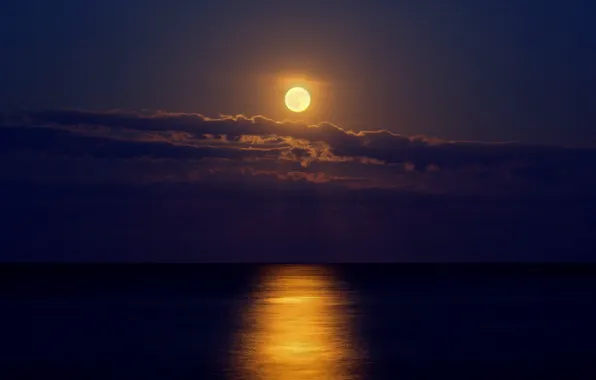 Картинка море, облака, ночь, луна, лунная дорога