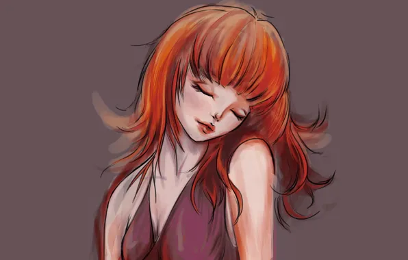 Картинка девушка, лицо, фон, волосы, руки, платье, арт, рыжая