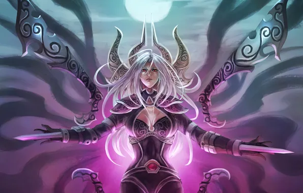 Грудь, девушка, луна, лезвие, League of Legends, irelia, Will of the Blades