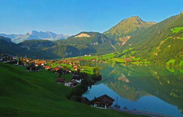 Пейзаж, горы, город, Швейцария, Lungern