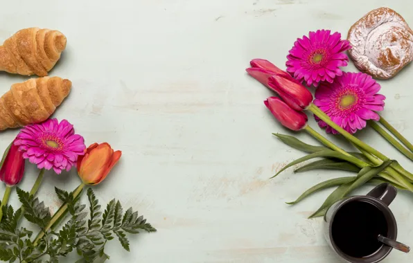 Цветы, завтрак, тюльпаны, герберы, pink, flowers, tulips, coffee cup