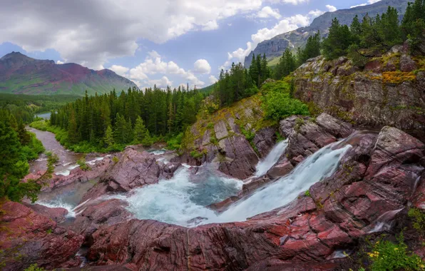 Лес, горы, скалы, водопад, поток