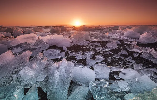 Ice, beach, twilight, sunset, winter, dusk