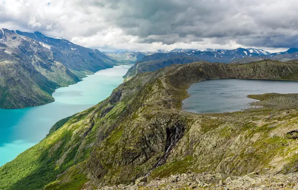 Облака, горы, озеро, река, Норвегия, river, mountains, clouds