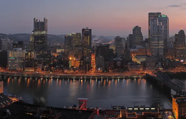 City, night, building