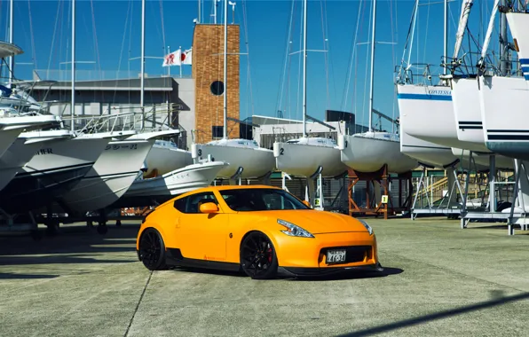 Картинка 370z, frontside, Nissan, orange, tuning, vossen