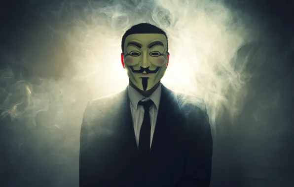 Картинка свет, дым, маска, костюм, V for Vendetta