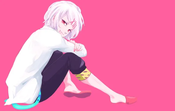 Картинка мальчик, арт, Аниме, сидит, Anime, розовый фон, заколки, Tokyo Ghoul