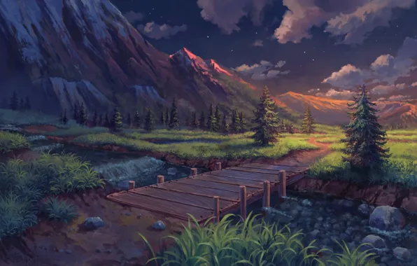 Anime, mountains, scenic, clouds, stars, stream, anime landscape