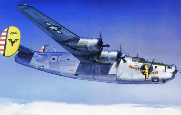 Картинка bomber, war, art, airplane, painting, aviation, ww2, B-24 Liberator