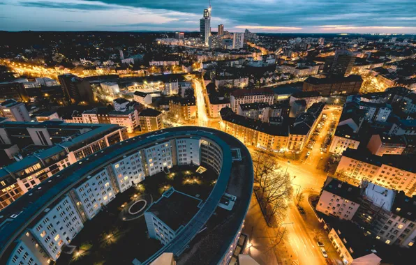 Крыша, city, город, огни, дома, двор, фонари, архитектура