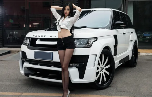 Картинка взгляд, Девушки, Land Rover, азиатка, красивая девушка, белый авто