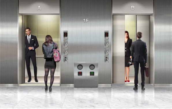 Woman, man, building, pantyhose, elevator, trash can, trash bin