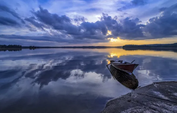 Картинка закат, озеро, лодка, Финляндия