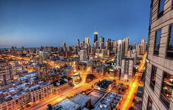 Город, здания, дома, небоскребы, вечер, выдержка, Чикаго, USA