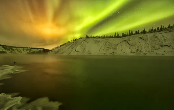 Картинка зима, снег, озеро, северное сияние, Аляска, зарево, США, Юкон