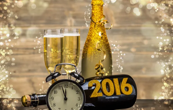 Картинка часы, бутылка, Новый Год, бокалы, golden, шампанское, New Year, clock