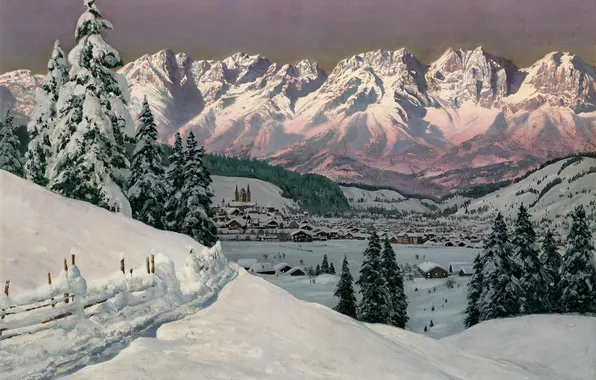 Дома, Зима, Горы, Деревья, Снег, Картина, Alois Arnegger, Алоис Арнеггер