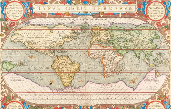 World Map, Карта Мира, old maps, Antwerpen 1603, Abraham Ortelius, Авраам Ортелий, Антверпен 1603, Hand-coloured …