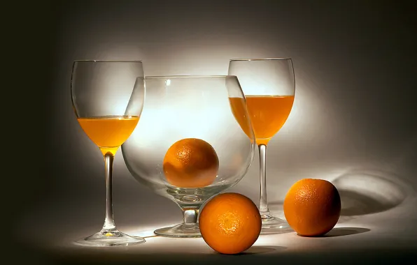 Апельсины, бокалы, натюрморт, оранжевое, апельсиновый сок