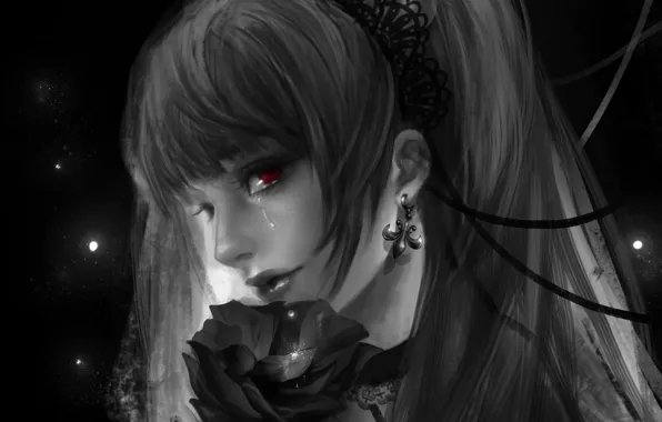Картинка цветок, девушка, слеза, death note, тетрадь смерти, art, красный глаз, rikamello