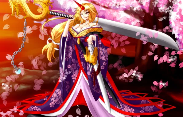 Взгляд, девушка, улыбка, оружие, настроение, сакура, мечи, touhou