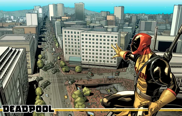 Красный, город, люди, толпа, Deadpool, Дэдпул, катаны, comics
