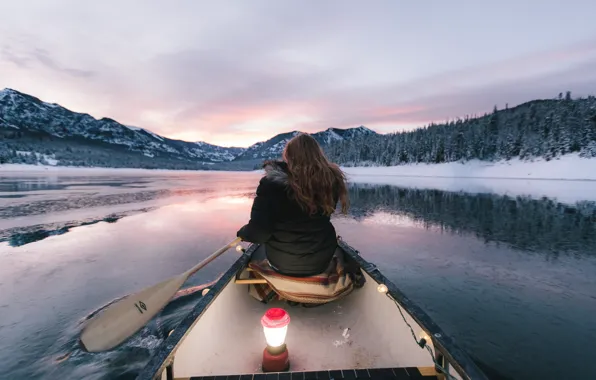 Девушка, горы, лодка, girl, каноэ, весло, canoe, the mountains