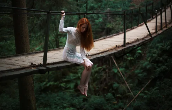 Картинка девушка, мост, природа, поза, высота, платье, Евгений Решетов