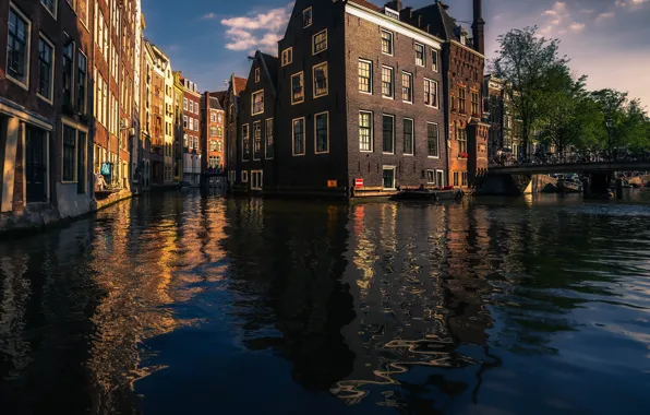 Город, дома, Амстердам, канал, Нидерланды