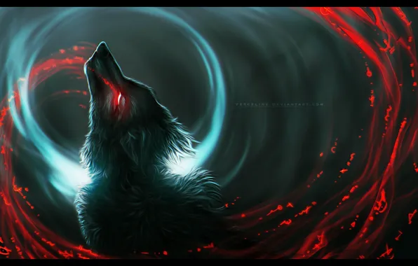 Картинка волк, хищник, шерсть, оборотень, art, кровавые слезы, в темноте, горящий глаз