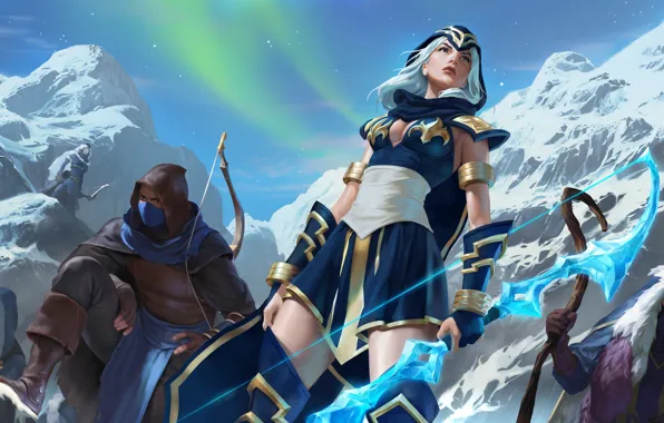 Девушка, горы, люди, лук, парень, Ashe, Freljord, Legends of Runeterra