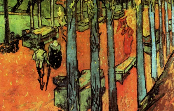 Картинка деревья, лавочки, Vincent van Gogh, Leaves, Les Alyscamps, Falling Autumn, гуляющие
