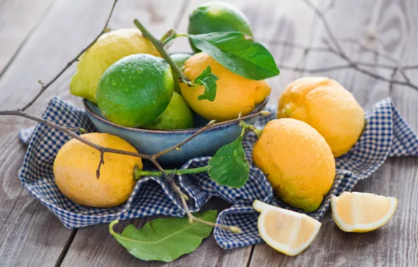 Картинка листья, лимон, посуда, лайм, фрукты, цитрусы, салфетка