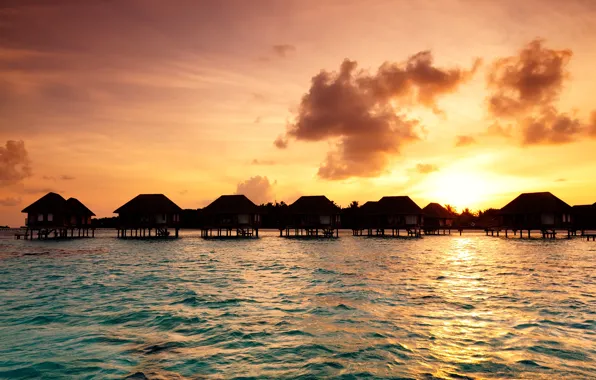 Картинка море, небо, закат, тропики, побережье, Мальдивы, бунгало