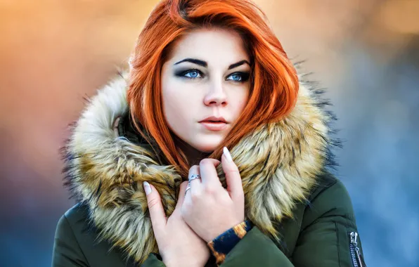 Куртка, капюшон, мех, рыжеволосая, Masha Fox