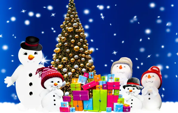 Картинка подарки, Новый год, снеговики, коробки