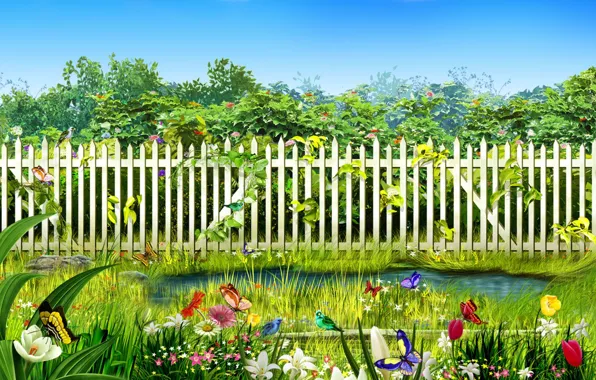 Картинка цветы, птицы, ручей, забор