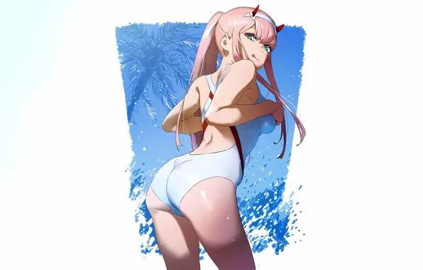 Girl, sexy, ass, pink hair, horns, green eyes, long hair, boobs