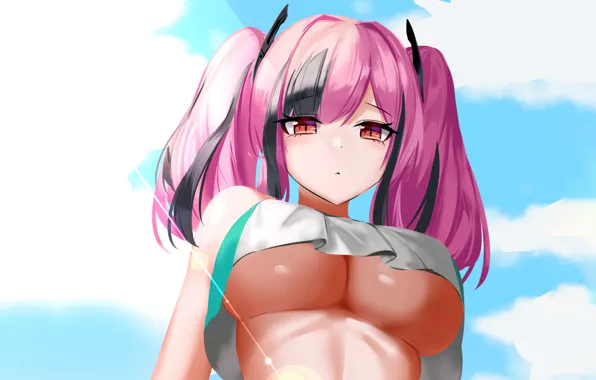 Girl, sexy, cleavage, pink hair, long hair, boobs, anime, beautiful